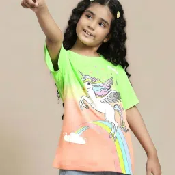 Kidsville Girls Green & Orange Cotton Printed Tshirt image 1