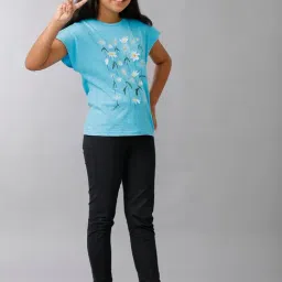 Under Fourteen Only Girls Blue Cotton Embroidery Top-image-56