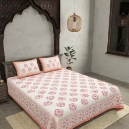 JaipurFabric Calm Orange Pure Cotton 210 TC Floral Print Double Bedsheet with 2 Pillow Covers image 1