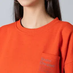 FEMEA Orange Fleece Solid Full Sleeves Sweatshirt image 5