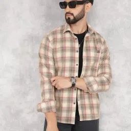 Crimsoune Club Beige Cotton Slim Fit Checks Shirt-picture-17