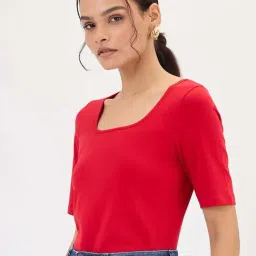 Femmella Red Cotton Regular Fit Bodysuit Top image 3