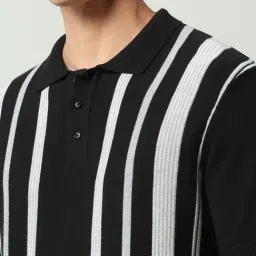 Ad By Arvind Black Cotton Slim Fit Striped Polo T-Shirt image 5
