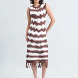Showoffff Brown Cotton Regular Fit Striped Dress-image-21