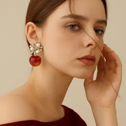 Haute Handles Stainless Steel Crystal Studded & Pearls Beaded Korean Heart Drop Earrings-picture-39