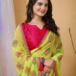 KALINI Yellow Printed Poly Georgette Jamdani Sarees image 4