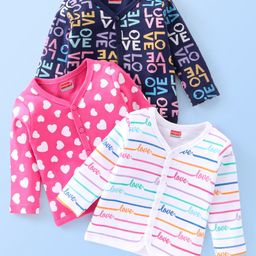 Babyhug 100% Cotton Knit Full Sleeves Heart Print Front Open Vest Pack of 3 - Multicolour-image-93