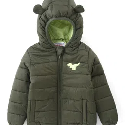 Babyhug Woven Full Sleeves Solid Color Padded Hooded Jacket With Dino Patch detailing - Olive Green-picture-33