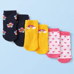 Cute Walk by Babyhug Knit Ankle Length Antibacterial Socks with Floral Rainbow & Hearts Design Pack of 3 - Black Yellow & White-picture-22
