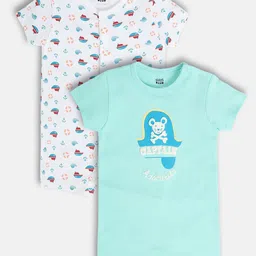 MINI KLUB Cotton Pack Of 2 Half Sleeves Ship & Captain Text Printed Rompers - White & Blue-picture-42