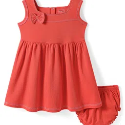 Babyhug Cotton Knit Sleeveless Solid Frock With Bow Applique & Bloomer - Red-picture-23