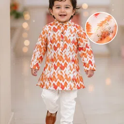 Babyhug Woven Full Sleeves Printed Kurta & Pajama Set WithSequin Embroidery - Orange & White-picture-32