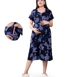 Mamma's Maternity Rayon Short Sleeves Floral Printed Maternity Dress With Nursing Access - Navy Blue-picture-20
