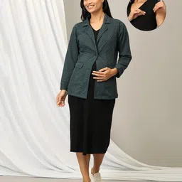 The Mom Store Jacquard Solid Maternity Dress With Zipper Nursing Access & Full Sleeves Shacket Set - Multi Colour image 1