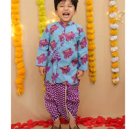 BownBee Pure Cotton Woven Full Sleeves Baby Elephants Printed Gota Lace Embellished Kurta Dhoti Set - Blue-picture-12