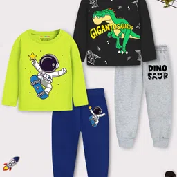 Trampoline Cotton Blend Knit Pack Of 2 Full Sleeves Space Themed & Dinosaur Printed Tee & Joggers Set - Green & Black-picture-11