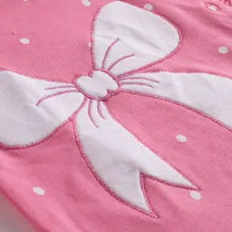 Babyhug Cotton Knit Full Sleeves Footed Sleepsuit With Bow Embriodery & Polka Dot Print - Pink image 3
