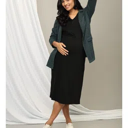 The Mom Store Jacquard Solid Maternity Dress With Zipper Nursing Access & Full Sleeves Shacket Set - Multi Colour image 5