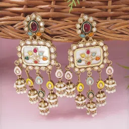 I Jewels Gold-Plated Kundan Studded & Beaded Geometric Shaped Drop Earrings-picture-40