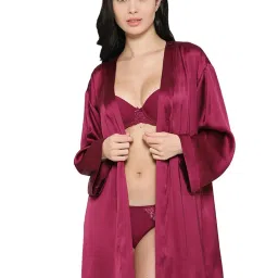 Wacoal Womens Long Sleeve Shiny Finish Bridal Wear Satin Robe with Belt-Burgandy-image-14