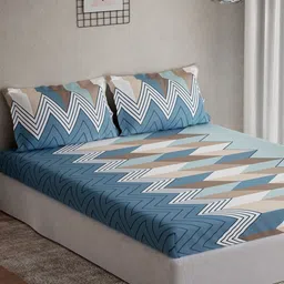 DDecor Omega Blue Geometric Cotton 144 TC Fitted Double King Bedsheet Set-1.82 m X 1.98 m image 5