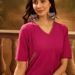 RangDeep Floral Embroidered V-Neck Panelled Pure Cotton A-Line Kurta With Trouser image 2