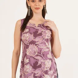 Brownverse Floral Printed Notch-Neck Sleeveless Pure Cotton Kurti-image-80