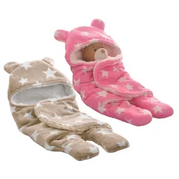 Brandonn Hooded Flannel Wearable Blanket Cum Wrapper Star Print Pack of 2 - Pink Beige-image-3