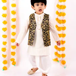 Little Bansi Full Sleeves Kurta With Floral Embroidered Jacket & Dhoti - Black & Cream-picture-27