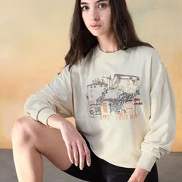 Flying Machine Women Printed Round Neck Long Sleeves Drop Shoulder Sweatshirt image 5