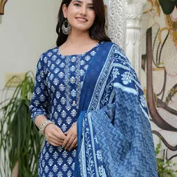 JAIPURI COLLECTION Women Ethnic Motifs Printed Pure Cotton Kurta with Trousers & Dupatta image 3