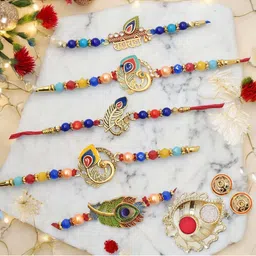 MEIRA JEWELLERY Set Of 5 Beaded Peacock Feather Rakhi Comes with Roli Chawal & Card-picture-27