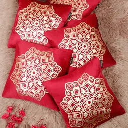HOSTA HOMES Red & Gold-Toned Set of 5 Ethnic Motifs Velvet Square Cushion Covers-picture-21