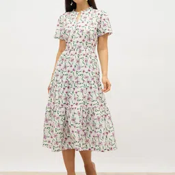 SALT ATTIRE Women Floral Printed Mandarin Collar Tiered Fit & Flare Midi Dress image 2