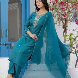 Navlik Women Ethnic Motifs Embroidered Thread Work Straight Kurta with Trousers & Dupatta image 2