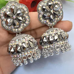 MEIRA JEWELLERY Silver-Plated Artificial Stones Studded Dome Shaped Jhumkas-picture-15