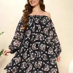 STYLECAST X KASSUALLY Floral Print Off-Shoulder Puff Sleeve Georgette Fit & Flare Dress-image-1