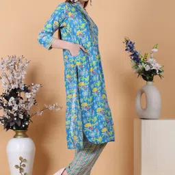 Jivitha Floral Printed Pleated Pure Cotton A-Line Kurta With Trouser image 2