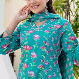 Kohsh Women Floral Printed Cotton Kurta with Trousers & Dupatta image 4