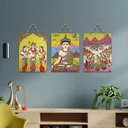 ArtVibes 3-Pcs Yellow & Red Hindu Deity Printed Wooden Wall Hanging Decor image 2
