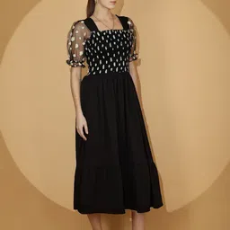 De La Moda Floral Print Puff Sleeve Crepe Fit & Flare Midi Dress image 5