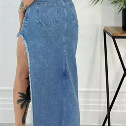 AAHWAN Denim High Waist Midi Middle Slit Skirt image 3