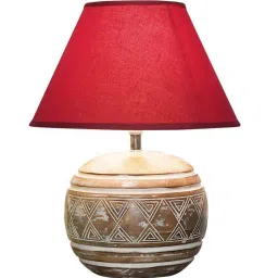 kapoor lampshades Rayne Maroon Cottan Fabric Shade Night Lamp With Wood Base image 3