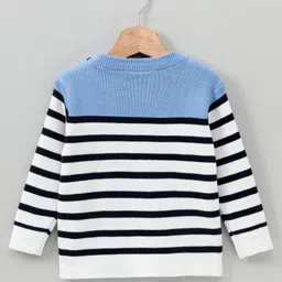 Babyhug Full Sleeves Stripe Sweater Tractor Embroidery - White Blue image 3