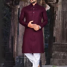 click n buy Men Striped Straight Kurta (Maroon)-picture-37