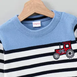 Babyhug Full Sleeves Stripe Sweater Tractor Embroidery - White Blue image 4