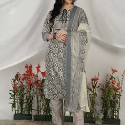 YASH GALLERY Women Geometric Printed Cotton Straight Kurta with Trousers & Dupatta-picture-29