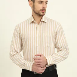 JADE BLUE Vertical Stripes Printed Opaque Formal Linen Shirt-image-26