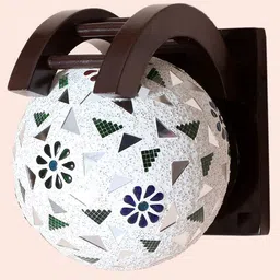 KINIS Brown & White Printed Wooden Spherical Shaped Wall Lamp With Bulb image 2