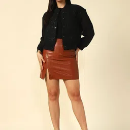Beatnik Women Stand Collar Self Design Casual Bomber Jacket image 4